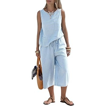 EXLURA Womens Summer 100% Cotton 2 Piece Outfits Striped Sleeveless Top Capri Wide Leg Pants Sets... | Amazon (US)