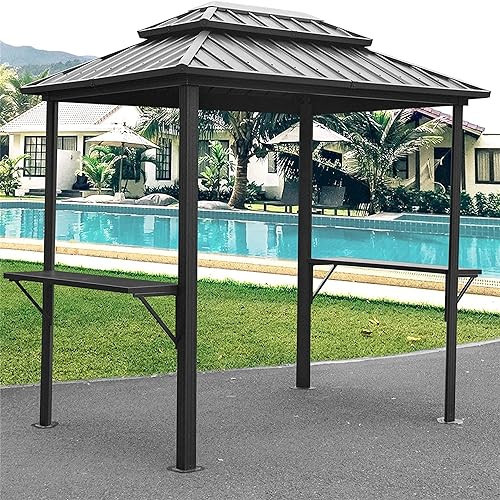 8'x6' Hardtop Grill Gazebo, Permanent Hard Top Gazebo with Galvanized Steel Double Roof and Two Shelves Serving Tables, Heavy Duty Aluminum BBQ Canopy for Patio, Deck, Backyard (Grey) | Amazon (US)