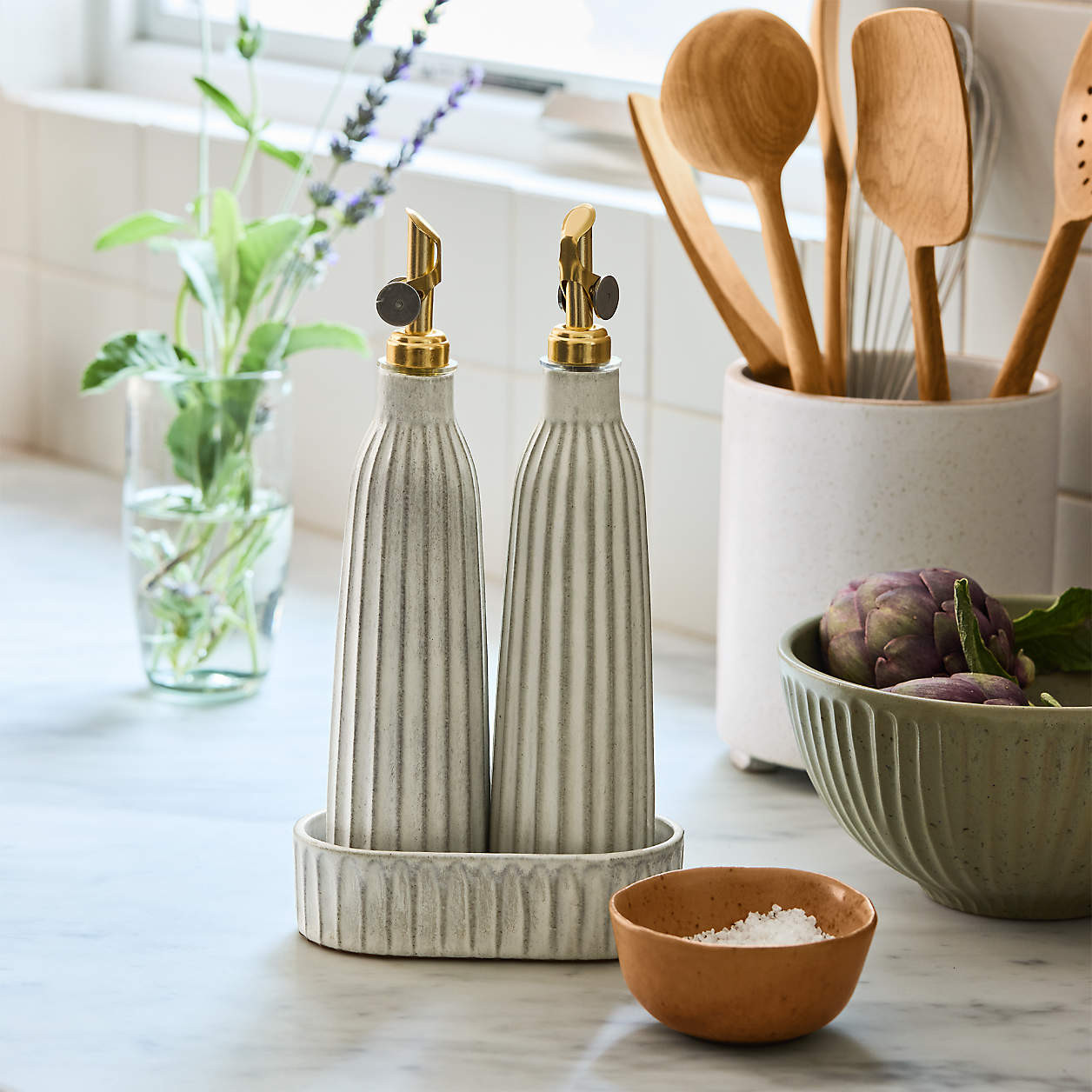 Carmel Ceramic Cruet Set with Tray by Gaby Dalkin + Reviews | Crate & Barrel | Crate & Barrel