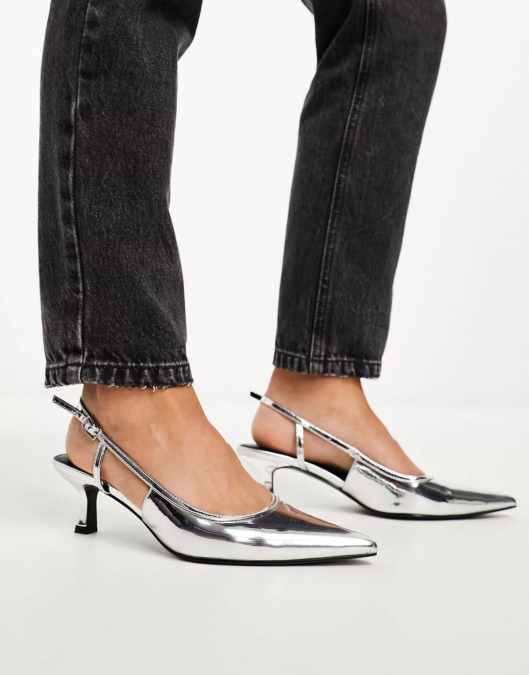 ASOS DESIGN Strut slingback mid heeled shoes in silver | ASOS (Global)