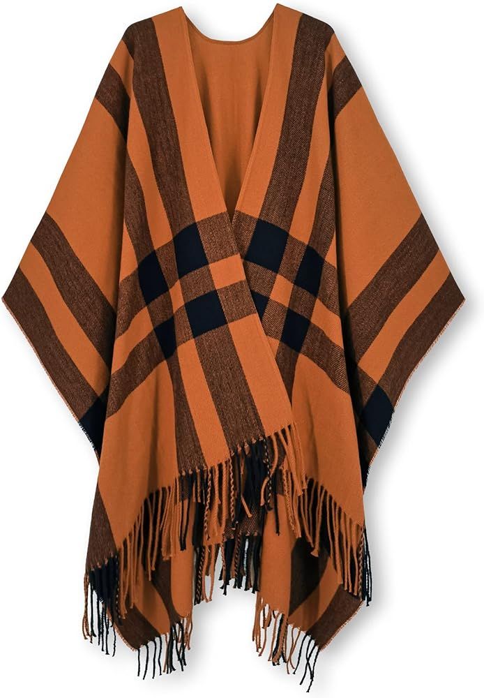 Moss Rose Women's Travel Plaid Shawl Wrap Open Front Poncho Cape for Fall Winter | Amazon (US)