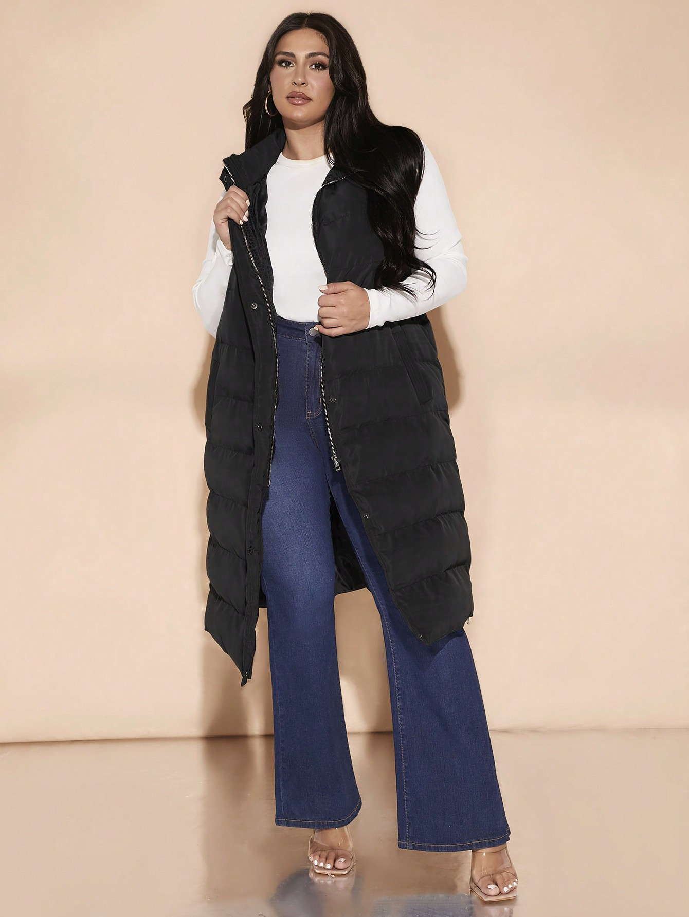 SHEIN BAE Plus Size Black Elegant Everyday Vest Mid-Length Padded Coat Autumn And Winter,Long Ves... | SHEIN