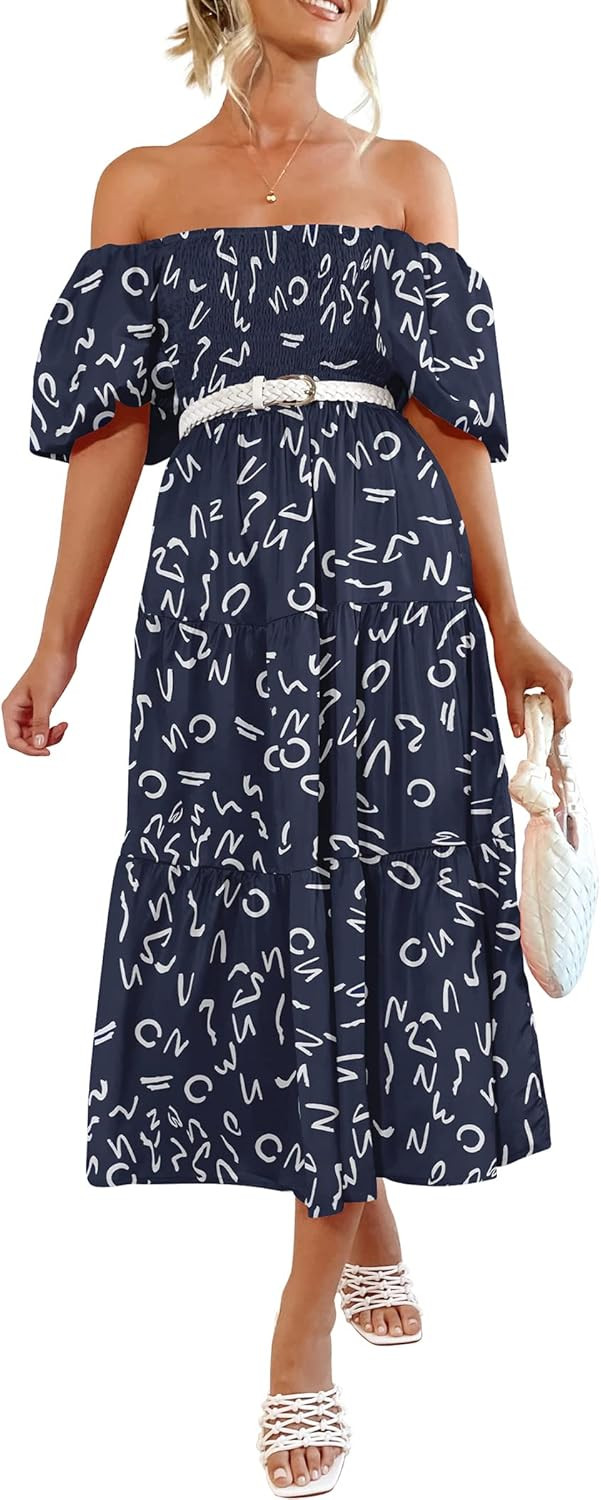 PRETTYGARDEN Women's Casual Summer Midi Dress Puffy Short Sleeve Square Neck Smocked Tiered Ruffl... | Amazon (US)