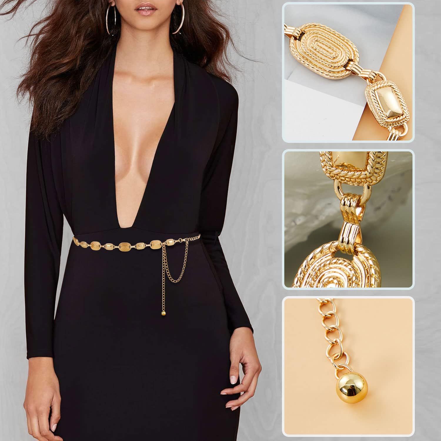 FIORETTO Chain Belt for Women Oval Metal Waist Chain Western Belts for Dress | Amazon (US)