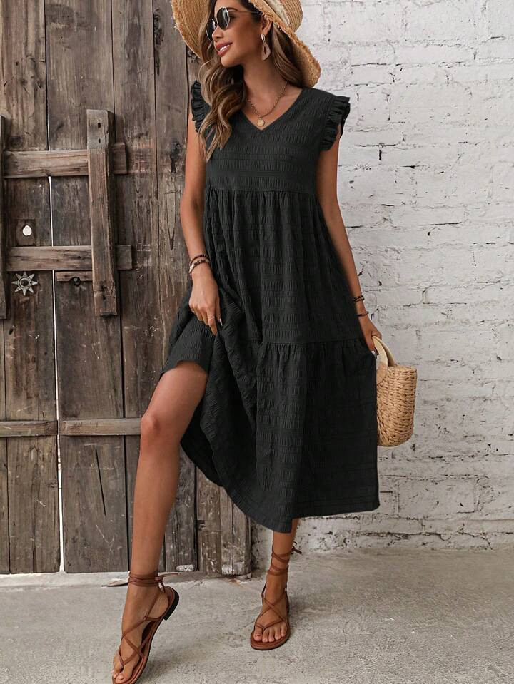 SHEIN LUNE Solid Ruffle Trim Smock Dress | SHEIN