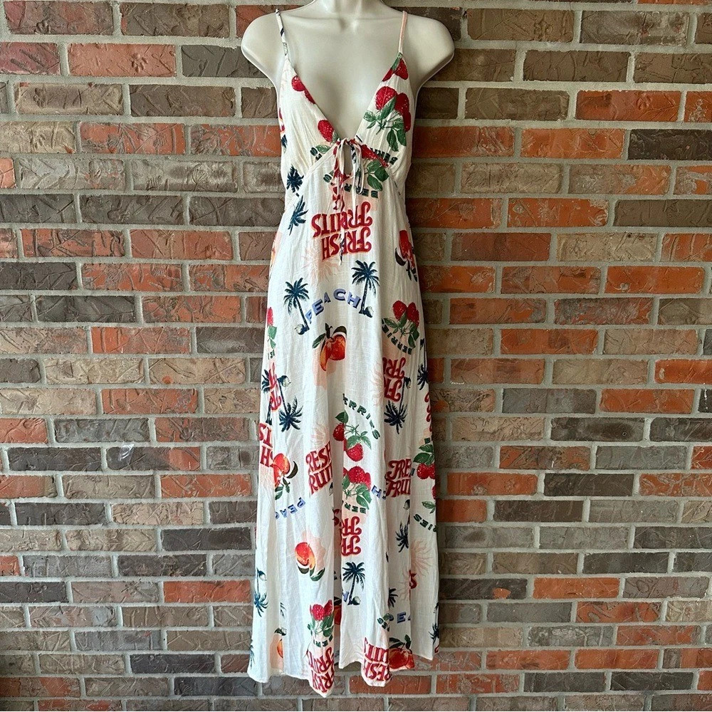 Paper Heart Anthropologie Fresh Fruits Berries Peaches Linen Blend Maxi Dress M | eBay US