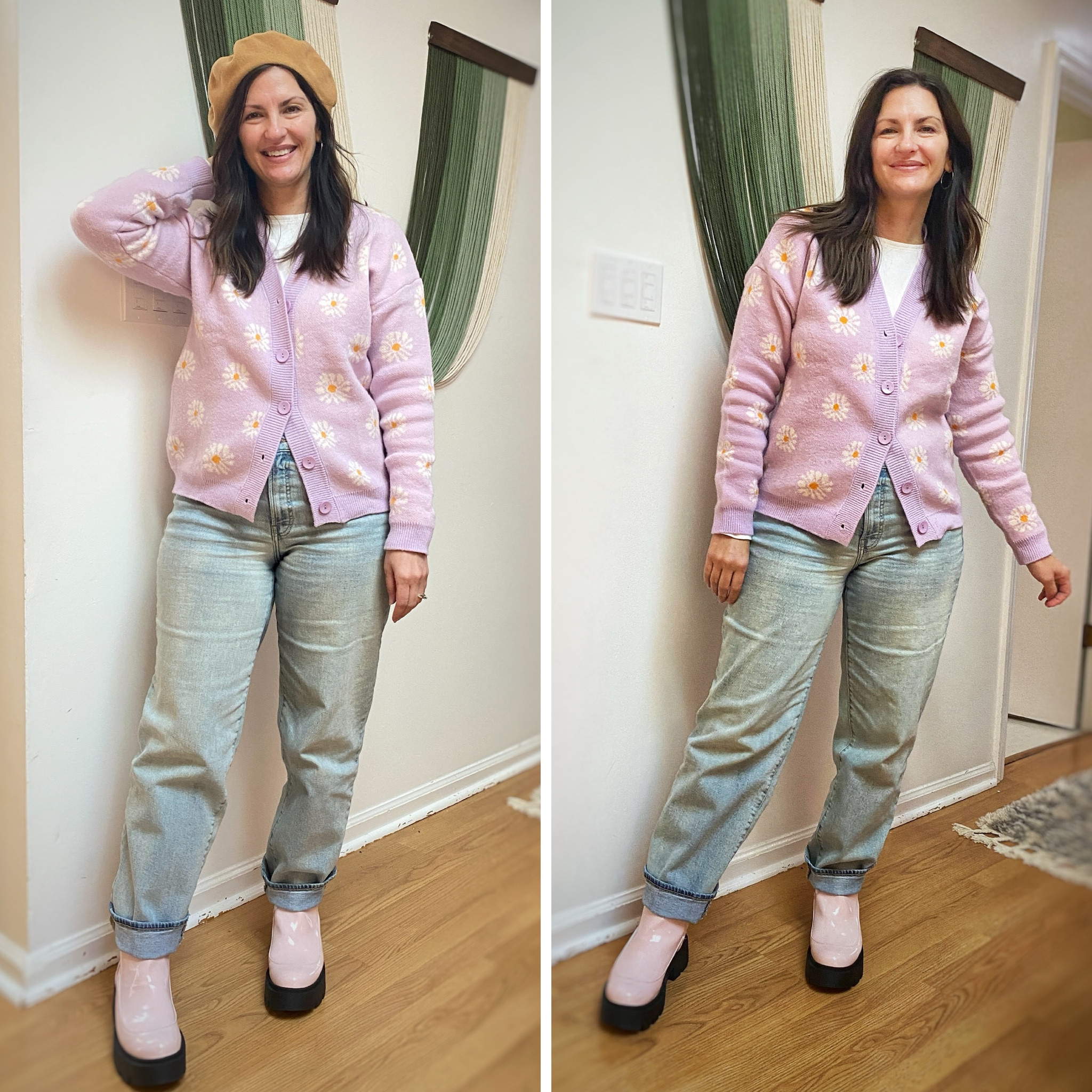 Lilac cardigan with flowers and pink lug boots wide leg jeans winter outfitt

#LTKFindsUnder50 #LTKShoeCrush #LTKMidsize