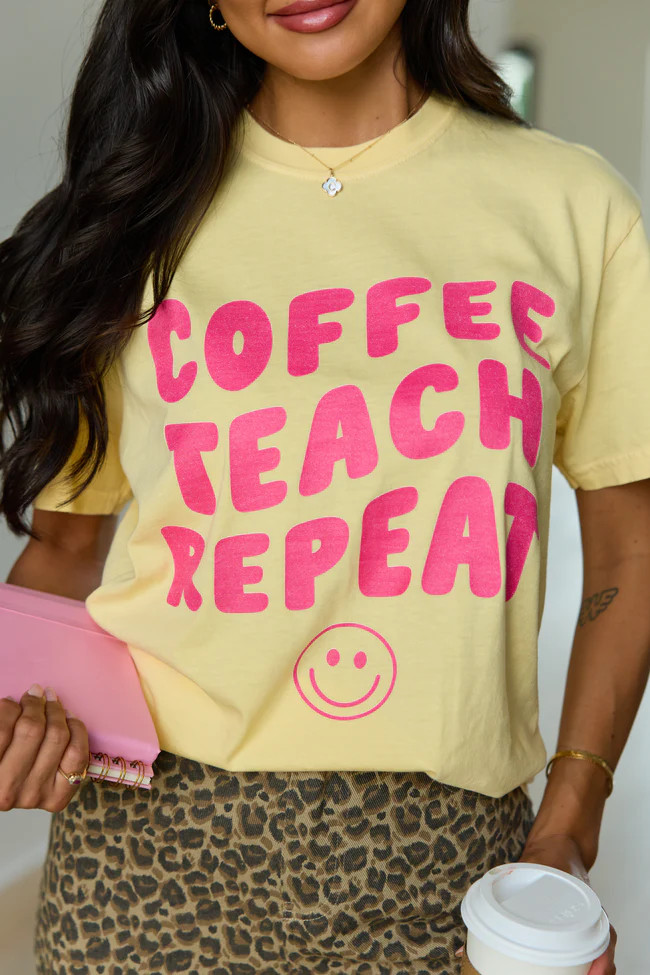 Coffee Teach Repeat Smiley Yellow Graphic Tee | Pink Lily