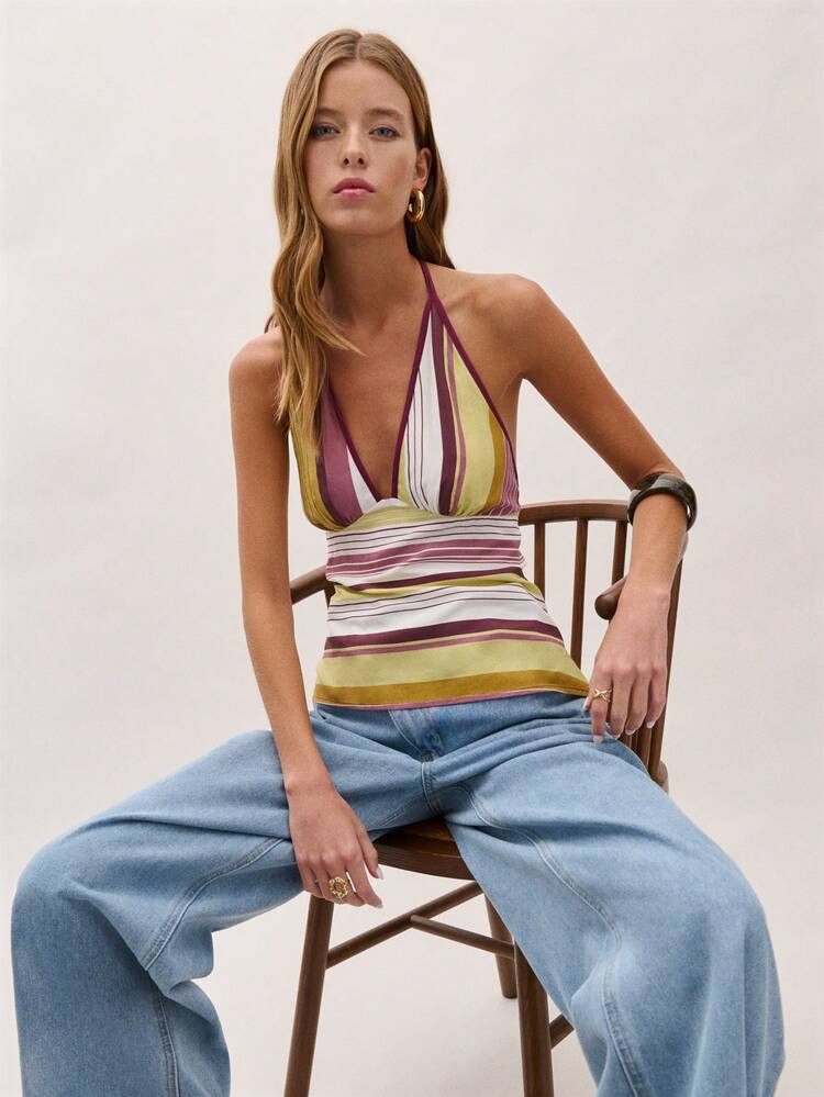 N\u00f6ista Striped Halter Top With A V Neckline, Contrast Piping On Neck, Tie And Bow On Back Fo... | SHEIN