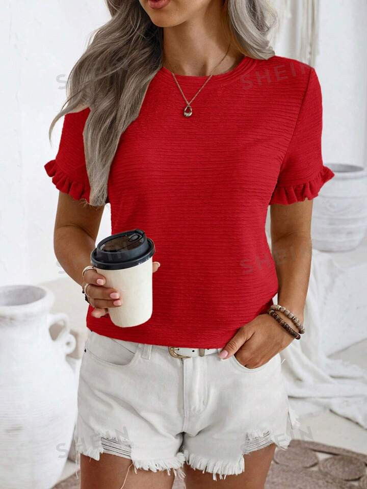 SHEIN LUNE Solid Color Round Neck Short Sleeve Regular T-Shirt With Ruffle Hem | SHEIN USA | SHEIN