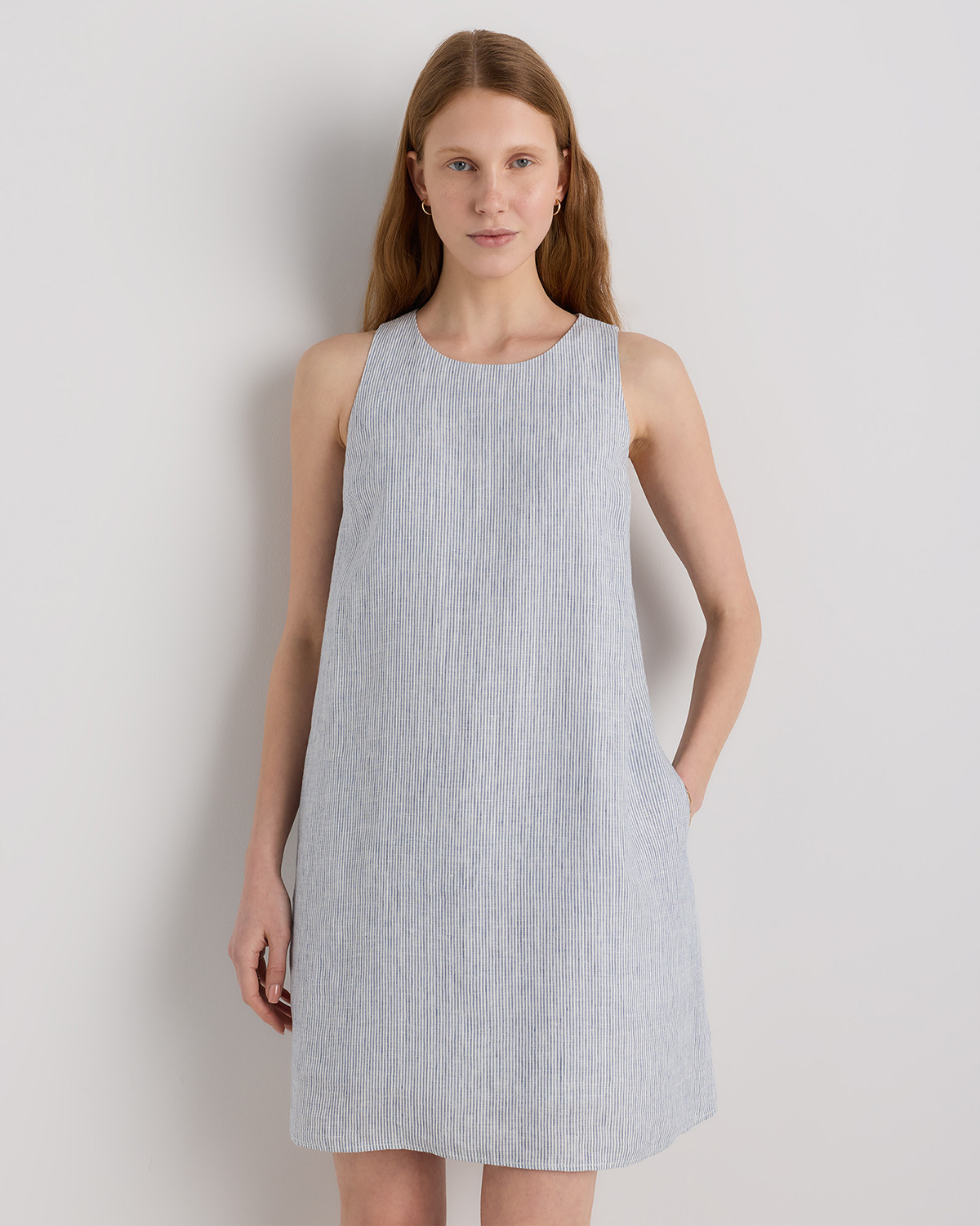 Quince | Women's 100% European Linen Tank Top Mini Dress in Blue Pinstripe, Size Large | Quince