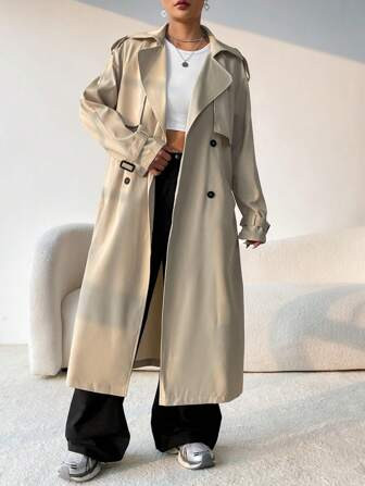 SHEIN x Carly Lawrence SHEIN EZwear Double Breasted Belted Trench Coat | SHEIN