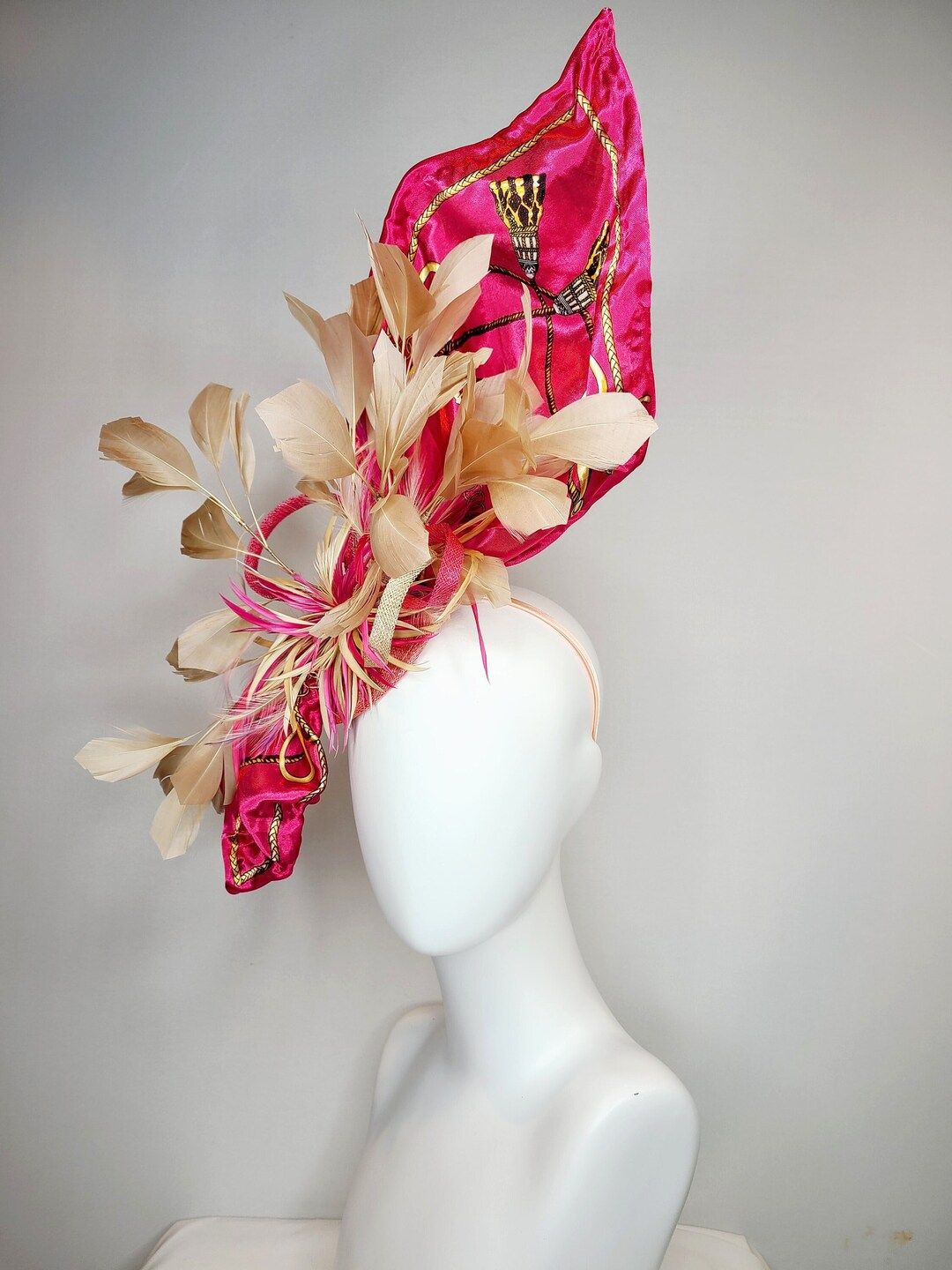 kentucky derby hat fascinator bright pink fuchsia satin silk scarf with equestrian rope decor tan... | Etsy (US)