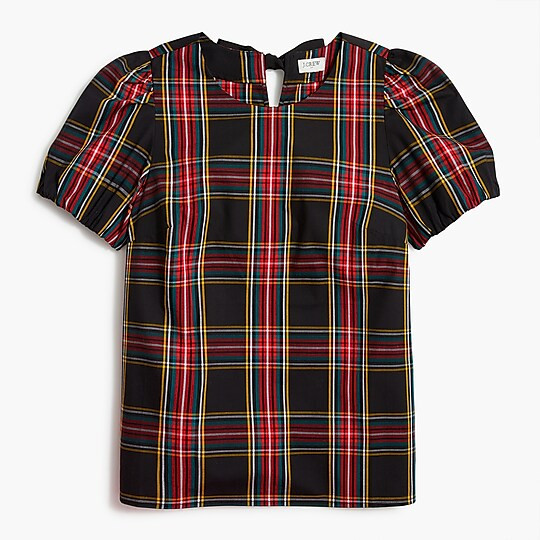 Tartan cotton poplin puff-sleeve top | J.Crew Factory