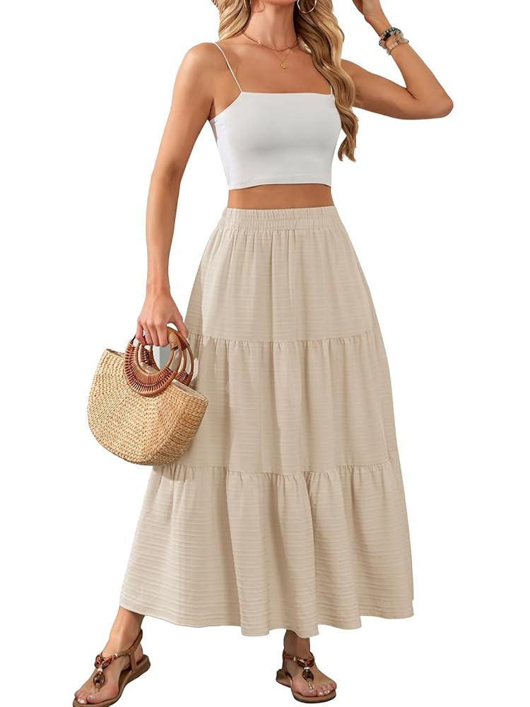 HUSKARY Women's Summer Casual Elegant Smock Layered Tiered Maxi Skirt High Waisted A Line Flowy L... | Amazon (US)