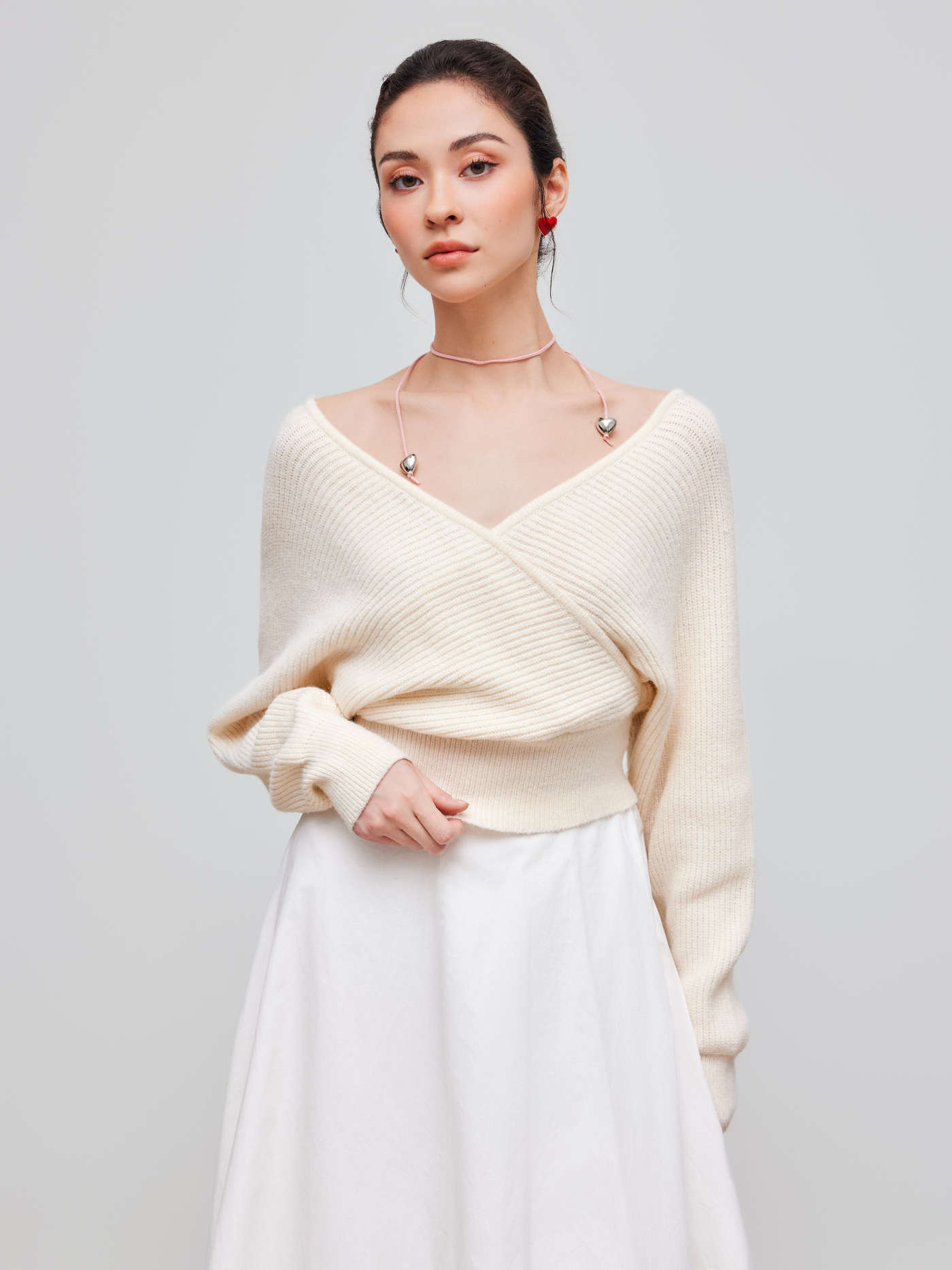 Knit Fabric Knit V-neck Solid Wrap Crop Long Sleeve Top For Daily Casual | Cider