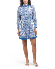 Long Sleeve Tile Print Mini Dress With Belt | TJ Maxx