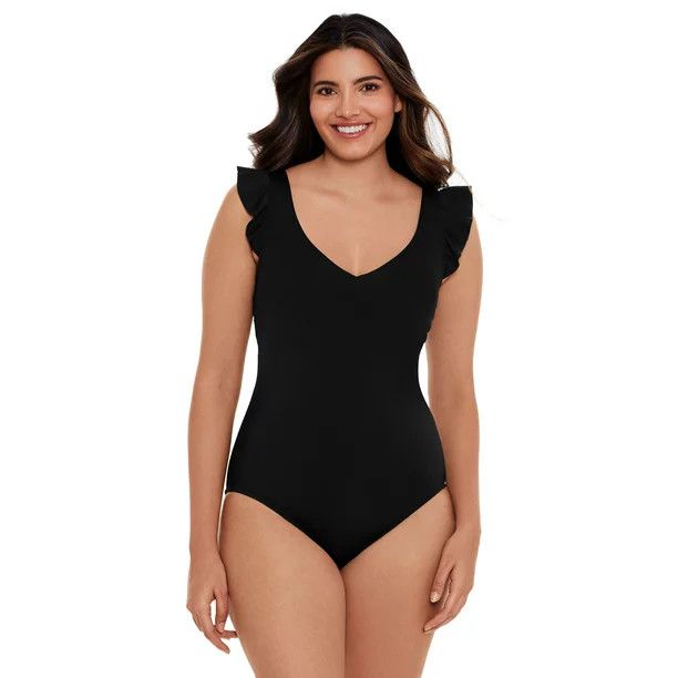 Time and Tru Women's and Women’s Plus Size Solid Black Ruffle Strap One Piece Swimsuit - Walmar... | Walmart (US)