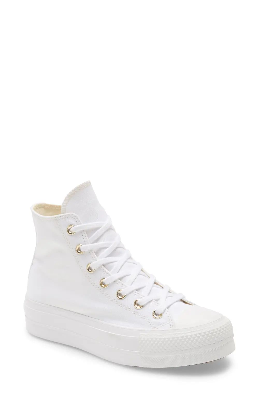 Converse Chuck Taylor(R) All Star(R) Lift High Top Platform Sneaker, Size 8 in White/White/Gold at N | Nordstrom Canada