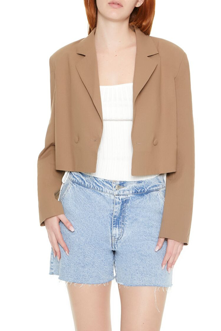 Women's Cropped Double-Breasted Blazer in Tan, XS | Forever 21