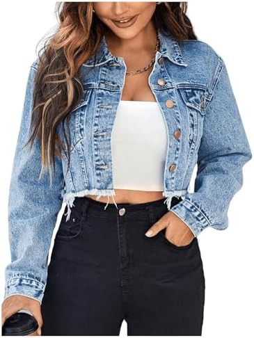 Floerns Women's Cropped Denim Jean Jacket Raw Hem Long Sleeve Button Down | Cropped Jean Jacket, ... | Amazon (US)