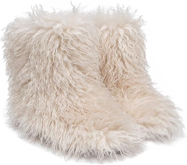 YESBOR Women's Curly Faux Fur Snow Boots Fluffy Fuzzy Furry Winter Outdoor Flat Booties | Amazon (US)