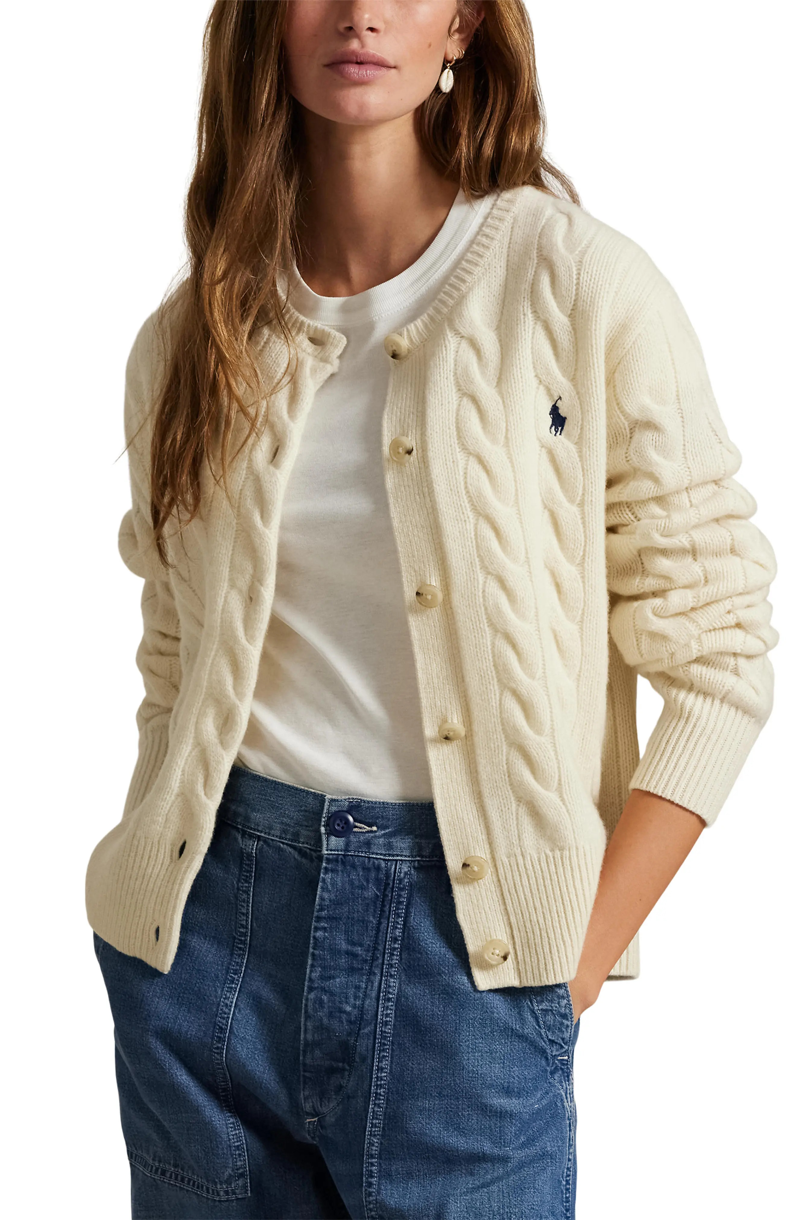 Polo Ralph Lauren Cable Knit Wool & Cashmere Cardigan in Authentic Cream at Nordstrom, Size X-Small | Nordstrom