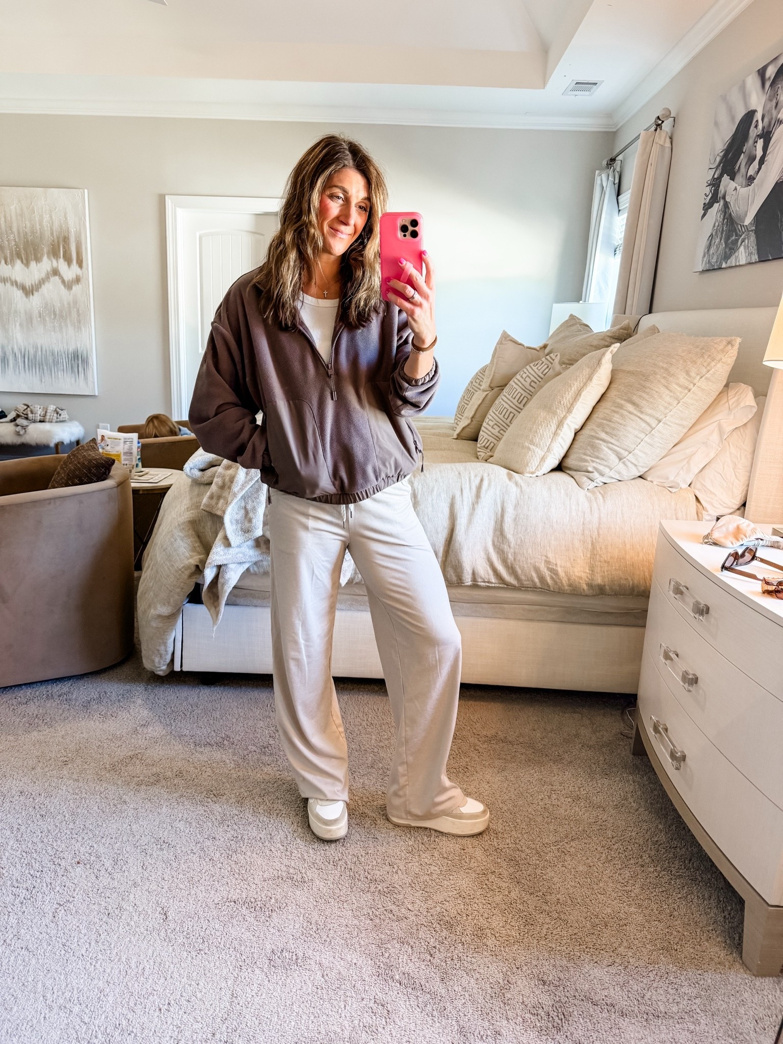 Pullover is Vuori half zip. So comfy! This color is old but comes in 3 new colors. TTS-medium. 
Pants are the halo essential Wide Leg pants from Vuori. Offered in regular or short. TTS-small. SO comfy! Color is Heather Ecru. 

Shoes are platform sneakers from p448! Size 38-tts (8)

Loopy and cross necklace also linked!
Loopy is 10% off: code watsonansley10

Click the images to shop!

Athletic style | comfy | cozy | fit | fall | lounge | pullover | aspen half zip | brown | yoga pants | Vuori | sneakers | p448 | active | mom life | loopy | phone case | cross necklace

#LTKootd #LTKActive #LTKmomlife