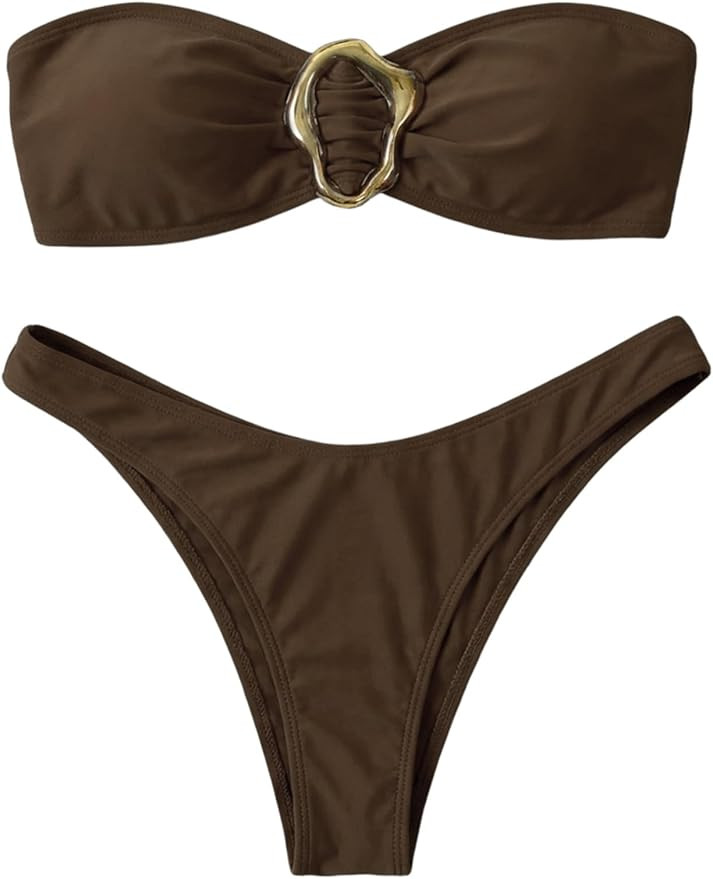 Amazon.com: SHENHE Women's 2 Piece Strapless Swimsuits High Cut Metal Ring Tube Top Bandeau Bikin... | Amazon (US)