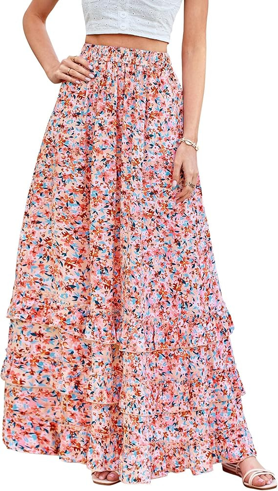 BTFBM Skirts for Women Summer Flowy A-Line Floral Boho Maxi Skirt Long Wedding Guest Dresses Spri... | Amazon (US)