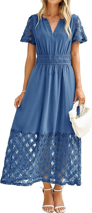 Simplee Womens Summer Maxi Dress 2026 V Neck Empire Waist Long Flowy Boho Dresses with Pockets | Amazon (US)