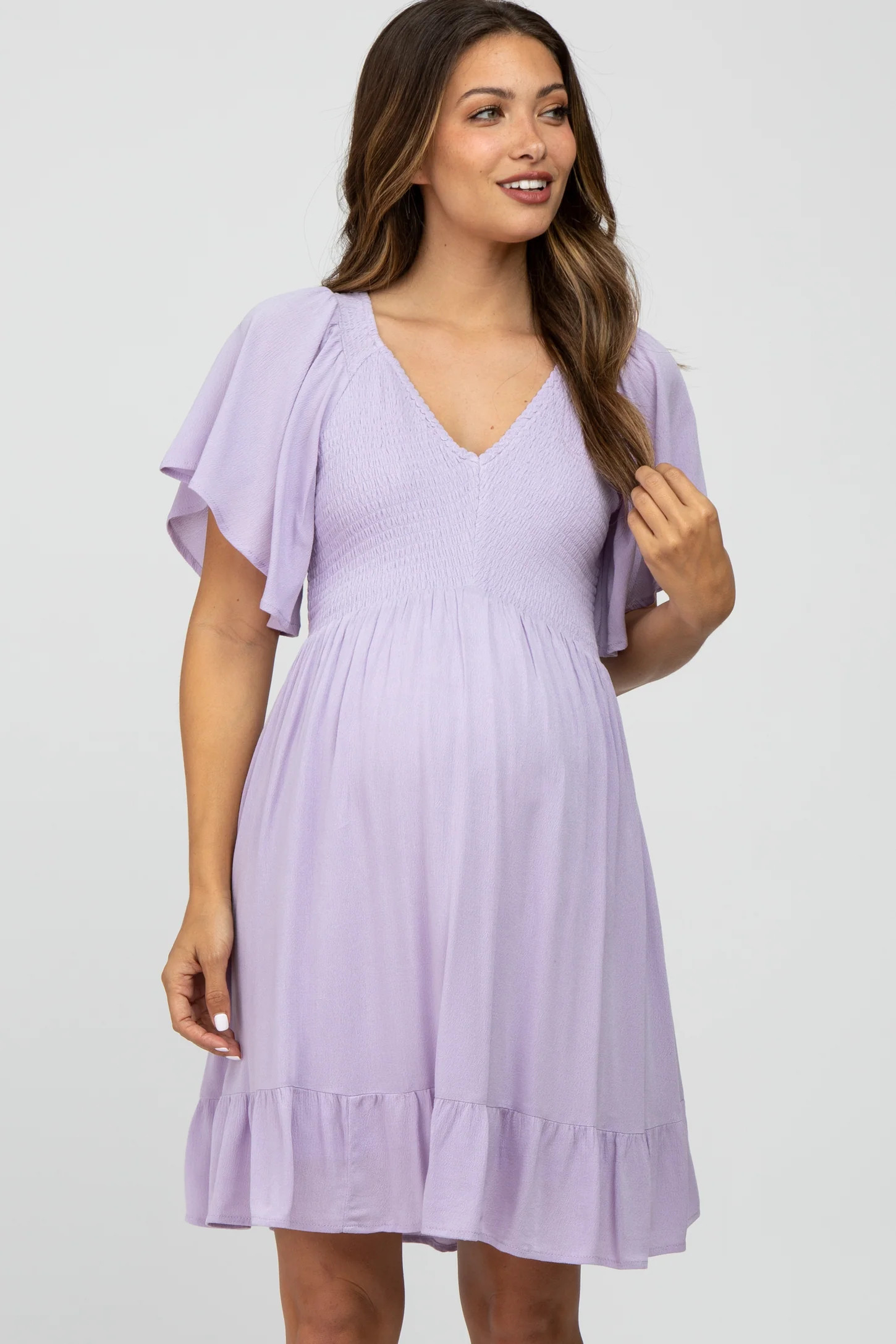Lavender Smocked Front Ruffle Hem Maternity Dress | PinkBlush Maternity