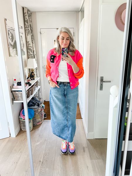 Outfits of the week 

A denim maxi skirt paired with a basic white t-shirt of the best quality, a pink and orange bomber jacket and multi colored puma sneakers. 



#LTKshoecrush #LTKeurope #LTKstyletip