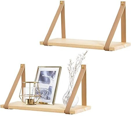 Mkono Hanging Shelf Wall Wood Floating Storage Shelves Leather Strap Swing Organizer, Set of 2 | Amazon (US)
