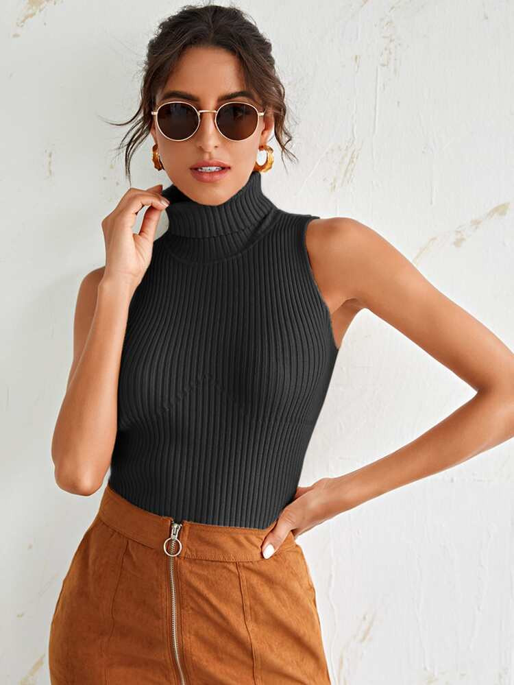 Solid Ribbed Knit Turtleneck Sweater Vest | SHEIN