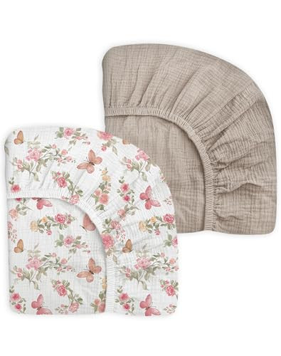 Crib Sheets for Baby Boy Girl 2 Pack, Fitted Crib Mattress Sheet 28" x 52", Muslin Toddler Bedding with Neutral Style, Nursery Bedding Essentials (Butterfly & Beige) | Amazon (US)
