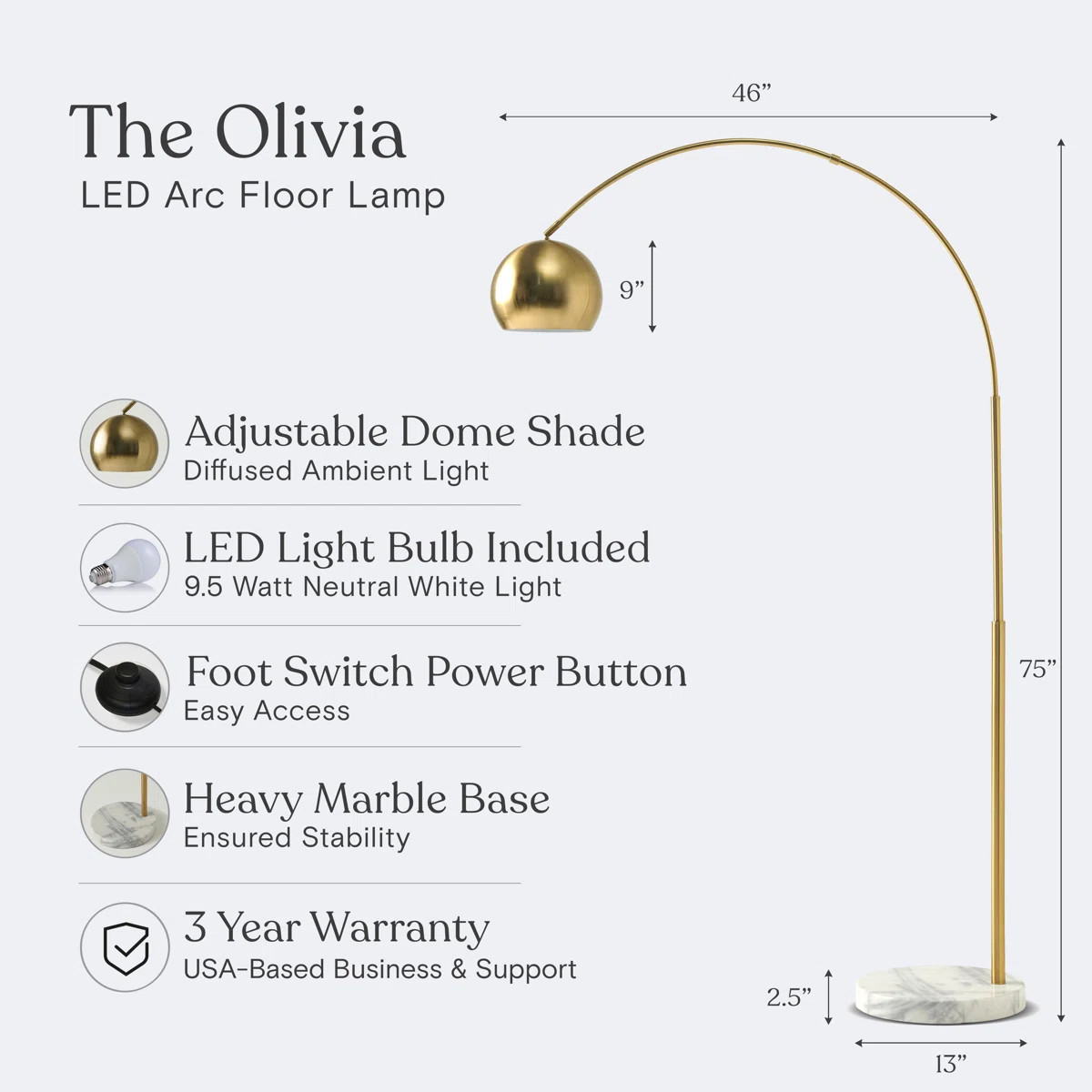 Olivia 75" Modern Industrial LED Arc Floor Lamp with Gold Brass Finish, White Marble Base, and Me... | Wayfair North America