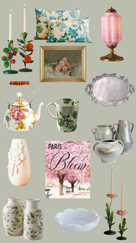 Spring home decor/ florals, coffee table book, mug, tea kettle, candlesticks, lamp, framed art, pillow cover, vase, marble trinket dish, silver tray 

#LTKhome #LTKfindsunder100 #LTKfindsunder50