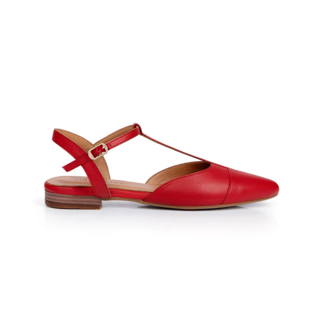 Anais: Red Leather Pointed T-Bar Flats | Air & Grace