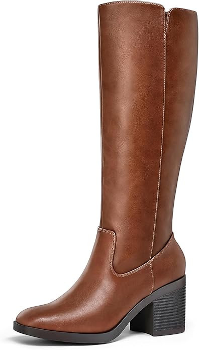 mysoft Women's Knee High Boots Square Toe Chunky Block Stacked Heel Tall Boots with Side Zipper | Amazon (US)
