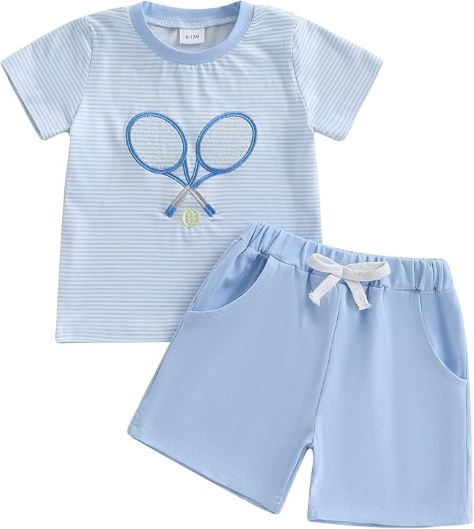 Toddler Baby Boy Summer Outfit Baseball//Golf/Tennis Embroidery Striped Short Sleeve T Shirt Shor... | Amazon (US)
