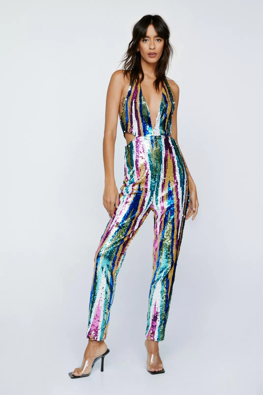 Stripe Sequin Halterneck Cut Away Jumpsuit | Nasty Gal (US)