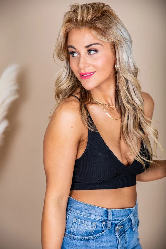 Couldn't Care Lace Black Ribbed Lace Back Bralette | Pink Lily