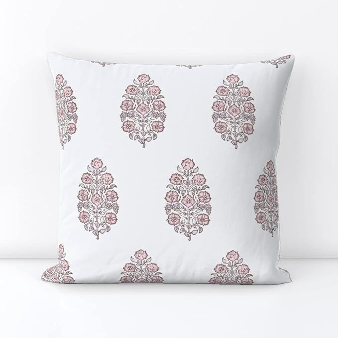 Spoonflower Square Throw Pillow, 18", Linen Cotton Canvas - Rose Flower Blush Pink Floral Block P... | Amazon (US)
