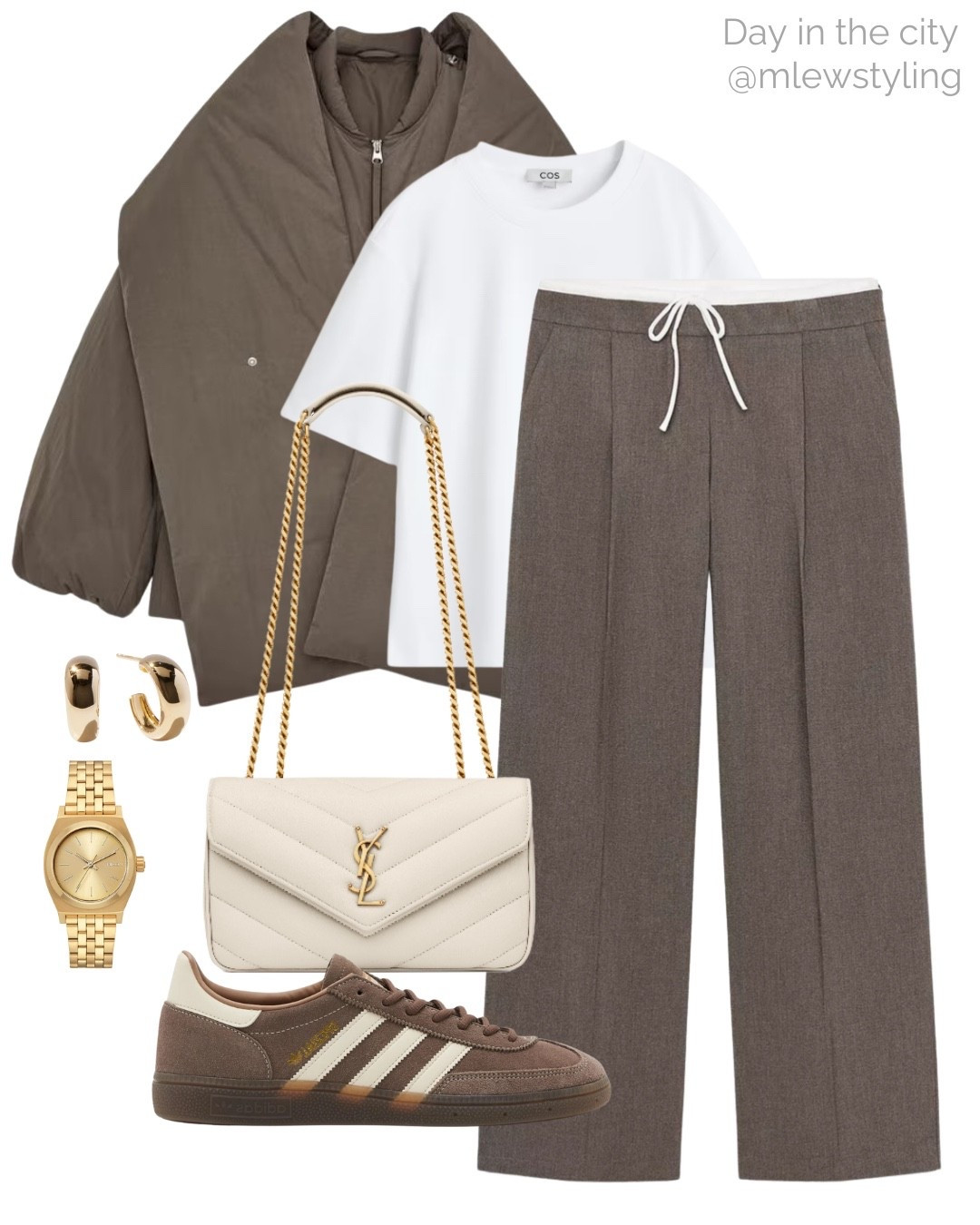 Neutral outfit for a day in the city 🤎

Tags: puffer coat, white t-shirt, double waistband pants, taupe adidas sneakers, ysl Lou Lou bag, gold watch, quince hoop earrings, capsule wardrobe 

#LTKTravel #LTKFindsUnder100 #LTKSeasonal