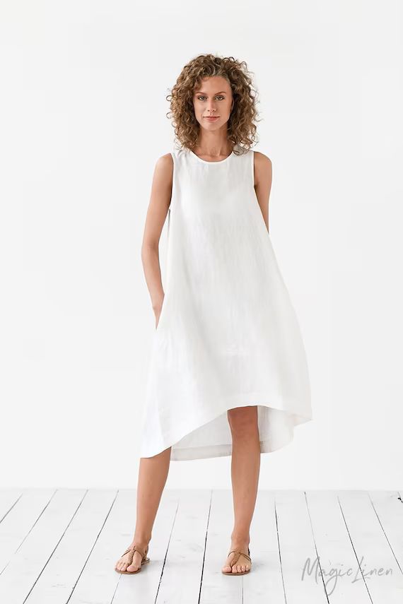 White linen dress TOSCANA. Asymmetrical, sleeveless, loose, knee-length linen summer dress. Women... | Etsy (US)