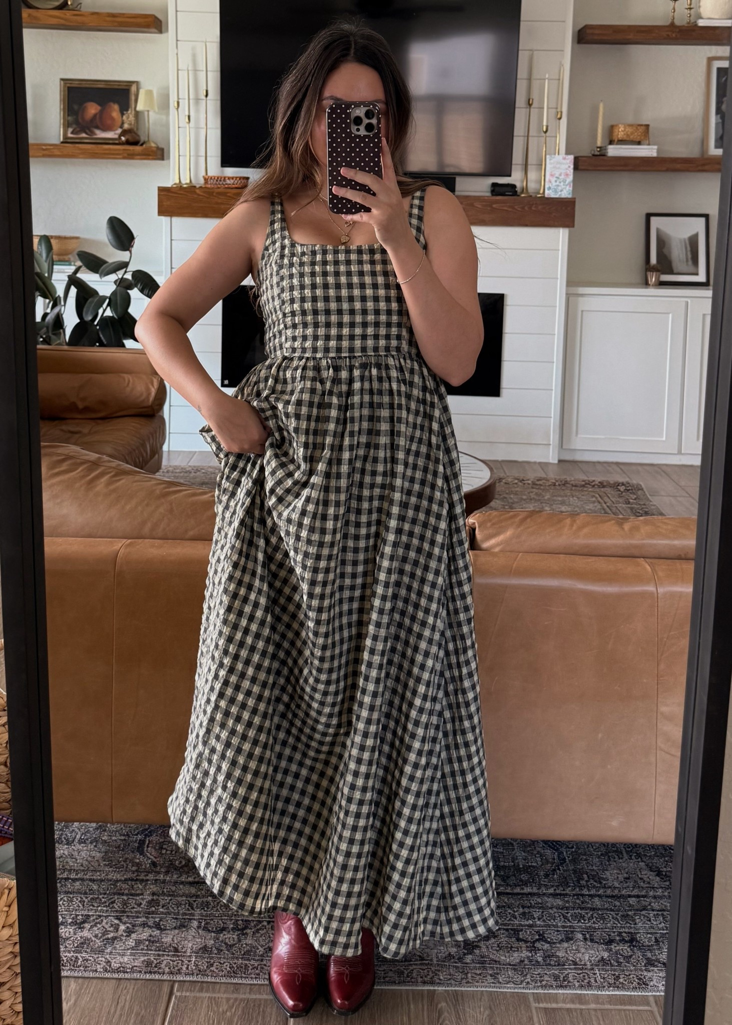 Styling cowboy boots look 3! Sized below:
Dress: 6 (petite)
Boots: 7.5 (went down a half size)