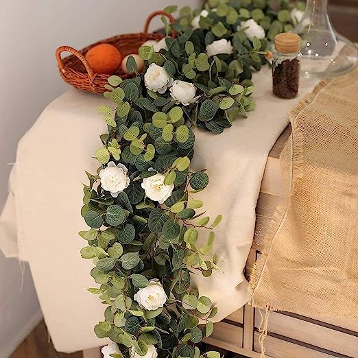 MISSPIN 6.9ft Eucalyptus Garland with Flowers -12 Lovely Peonies-Lush, Soft Artificial Eucalyptus... | Amazon (US)