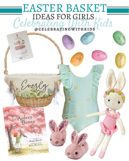 Girls Easter basket includes crocheted bunny stuffed animal, egg glitter chalk, flutter sleeve swimsuit, bunny slippers, Audrey Bunny book, barrettes, personalized Easter basket.

Easter, Easter basket, little girl Easter basket, Easter gift, Easter bunny, girl gifts

#LTKkids #LTKSeasonal #LTKunder50