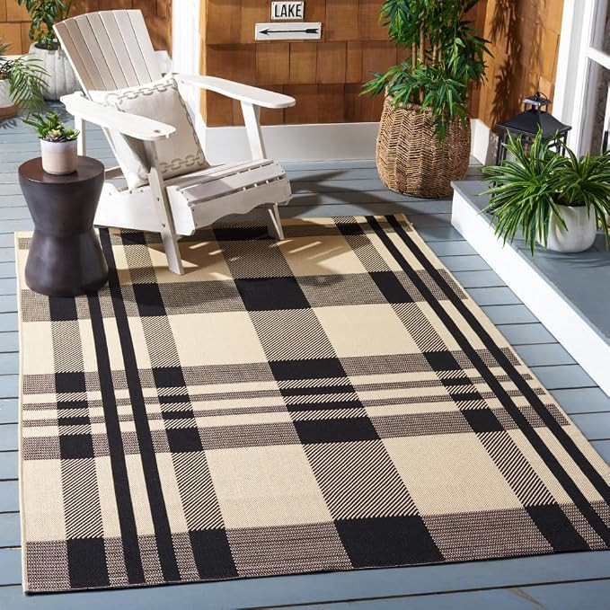 SAFAVIEH Washable Rug Outdoor Courtyard Collection - 4' x 5'7", Black & Bone, Plaid Pattern, Non-... | Amazon (US)
